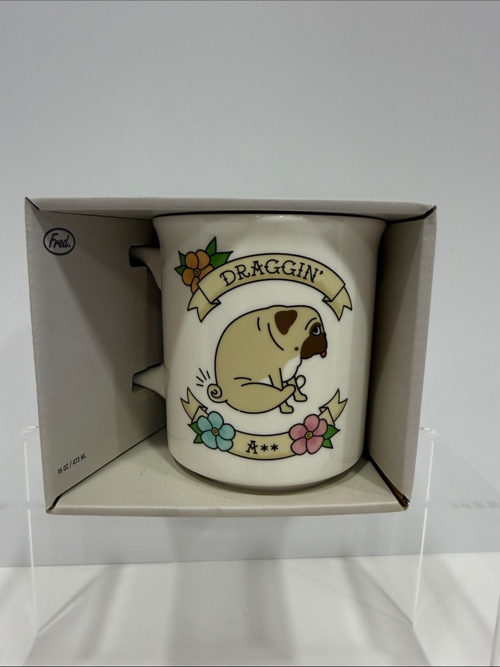 Genuine Fred “Dragging A**” Ceramic Mug with Pug and Pastel Flower Accents NIB